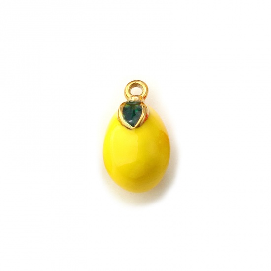 Picture of 2 PCs Eco-friendly PVD Vacuum Plating 304 Stainless Steel Charms 18K Real Gold Plated Yellow Enamel Lemon Fruit 3D 16mm x 9mm