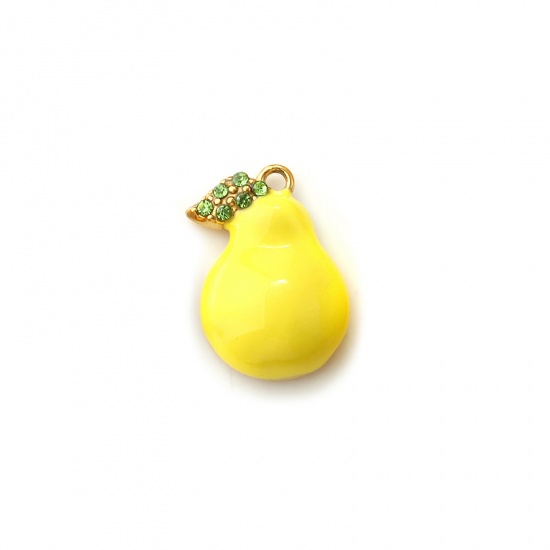 Picture of 2 PCs Eco-friendly PVD Vacuum Plating 304 Stainless Steel Charms 18K Real Gold Plated Pale Yellow Enamel Pear Fruit Green Cubic Zirconia 18mm x 14mm