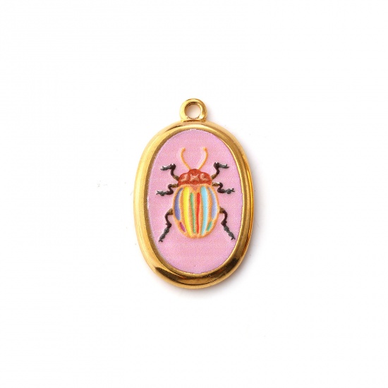 2 PCs Eco-friendly PVD Vacuum Plating 304 Stainless Steel Insect Charms 18K Real Gold Plated Multicolor Oval Beetle Printed 28mm x 17.5mm の画像