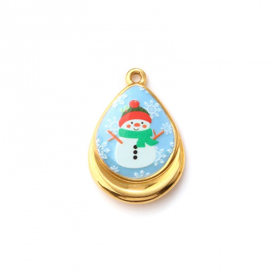 2 PCs Eco-friendly PVD Vacuum Plating 304 Stainless Steel Charms 18K Real Gold Plated Multicolor Drop Christmas Snowman Printed 28mm x 19mm の画像
