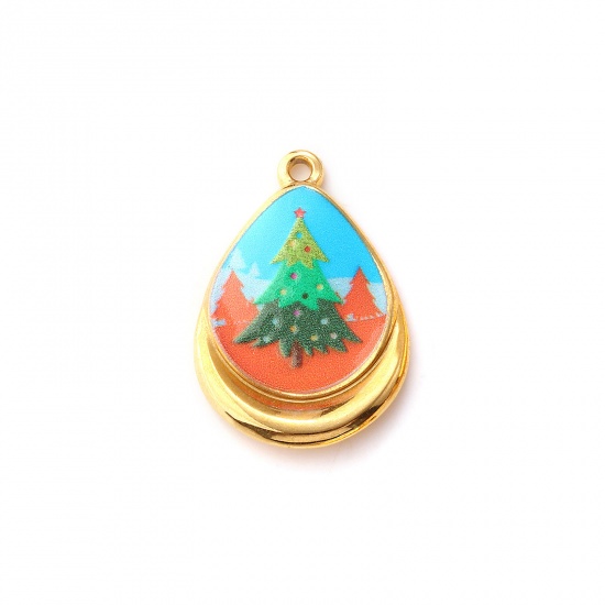 2 PCs Eco-friendly PVD Vacuum Plating 304 Stainless Steel Charms 18K Real Gold Plated Multicolor Drop Christmas Tree Printed 28mm x 19mm の画像