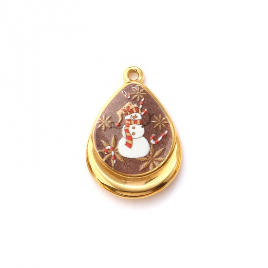 2 PCs Eco-friendly PVD Vacuum Plating 304 Stainless Steel Charms 18K Real Gold Plated Multicolor Drop Christmas Snowman Printed 28mm x 19mm の画像