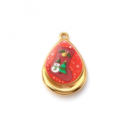 2 PCs Eco-friendly PVD Vacuum Plating 304 Stainless Steel Charms 18K Real Gold Plated Multicolor Drop Christmas Stocking Printed 28mm x 19mm の画像