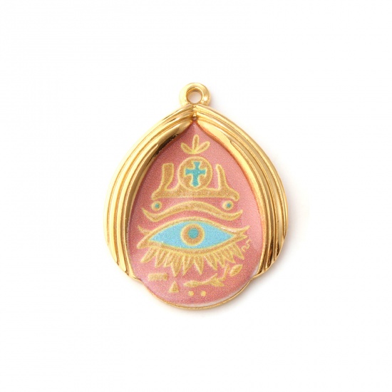 1 Piece Eco-friendly PVD Vacuum Plating 304 Stainless Steel Religious Pendants 18K Real Gold Plated Multicolor Drop Evil Eye Printed 3.2cm x 2.5cm の画像