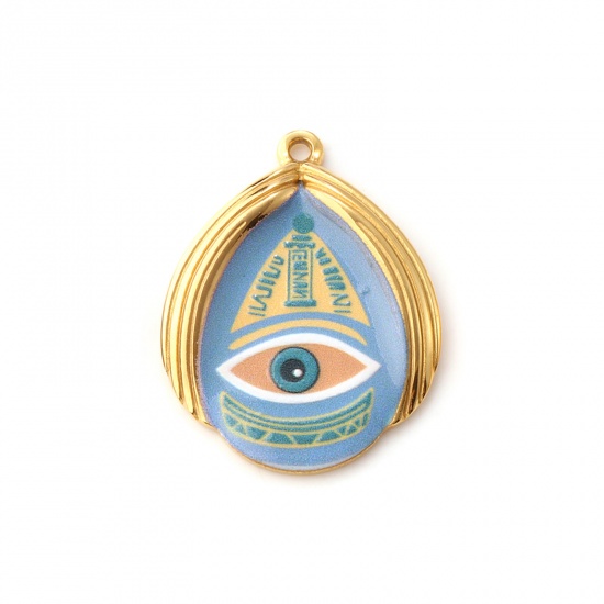 1 Piece Eco-friendly PVD Vacuum Plating 304 Stainless Steel Religious Pendants 18K Real Gold Plated Multicolor Drop Evil Eye Printed 3.2cm x 2.5cm の画像