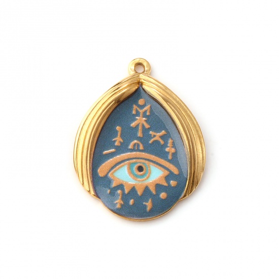 1 Piece Eco-friendly PVD Vacuum Plating 304 Stainless Steel Religious Pendants 18K Real Gold Plated Multicolor Drop Evil Eye Printed 3.2cm x 2.5cm の画像