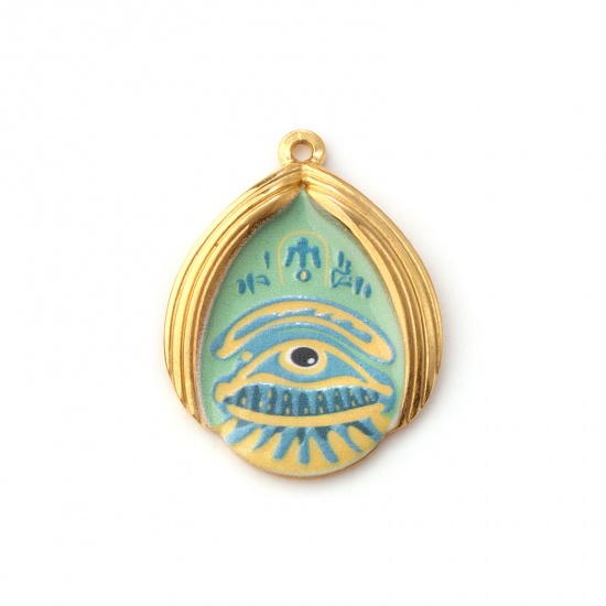 1 Piece Eco-friendly PVD Vacuum Plating 304 Stainless Steel Religious Pendants 18K Real Gold Plated Multicolor Drop Evil Eye Printed 3.2cm x 2.5cm の画像