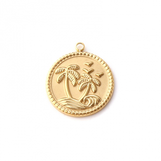 Picture of 1 Piece Eco-friendly PVD Vacuum Plating 304 Stainless Steel Ocean Jewelry Charms 18K Real Gold Plated Round Disc Coconut Palm Tree 23mm x 20mm