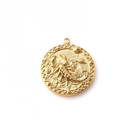 Picture of 1 Piece Eco-friendly PVD Vacuum Plating 304 Stainless Steel Charms 18K Real Gold Plated Round Disc Scorpion 21mm x 18mm