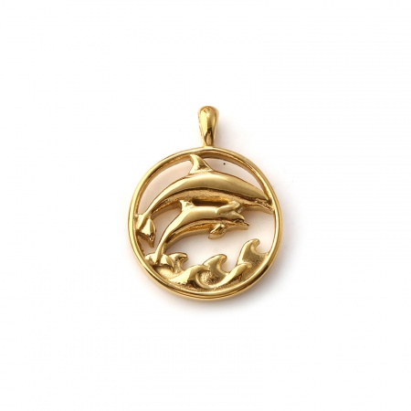 Picture of 1 Piece Eco-friendly PVD Vacuum Plating Waterproof Anti-Tarnish Hypoallergenic 304 Stainless Steel Ocean Jewelry Charms 18K Real Gold Plated Round Dolphin Hollow 26mm x 20mm
