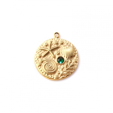 Picture of 1 Piece Eco-friendly PVD Vacuum Plating Waterproof Anti-Tarnish Hypoallergenic 304 Stainless Steel Ocean Jewelry Charms 18K Real Gold Plated Round Disc Starfish Green Cubic Zirconia 23mm x 20mm