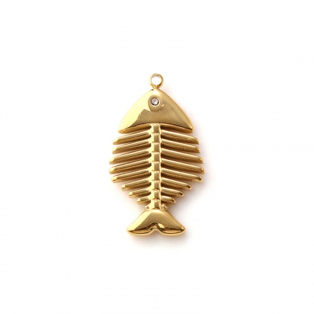 Picture of 1 Piece Eco-friendly PVD Vacuum Plating Waterproof Anti-Tarnish Hypoallergenic 304 Stainless Steel Ocean Jewelry Charms 18K Real Gold Plated Fish Bone 3D Clear Cubic Zirconia 26mm x 15mm