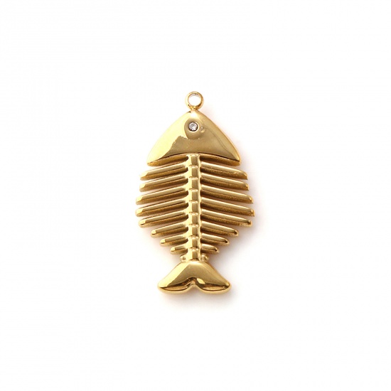 Picture of 1 Piece Eco-friendly PVD Vacuum Plating 304 Stainless Steel Ocean Jewelry Charms 18K Real Gold Plated Fish Bone 3D Clear Cubic Zirconia 26mm x 15mm