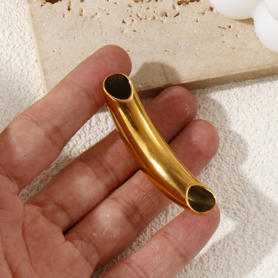 Immagine di 1 Pz Placcatura Sottovuoto PVD Ecologica 304 Acciaio Inossidabile Perline per la Creazione di Gioielli con Fai-da-te 18K Vero Oro Placcato Tubo Curvo 5.5cm x 1.2cm, Buco: Circa 7.5mm