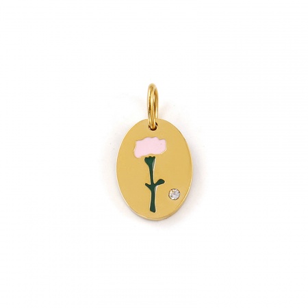 Imagen de 1 Unidad Recubrimiento al Vacío PVD Ecológico Impermeable Antioxidante Hipoalergénico 304 Acero Inoxidable Enero Flor del Mes de Nacimiento Colgantes 18K Oro Real Chapado Rosado Esmalte Óvalo Clavel Claro Circón Artificial 20mm x 11mm