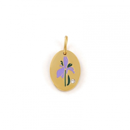 Imagen de 1 Unidad Recubrimiento al Vacío PVD Ecológico Impermeable Antioxidante Hipoalergénico 304 Acero Inoxidable Febrero Flor del Mes de Nacimiento Colgantes 18K Oro Real Chapado Púrpura Esmalte Óvalo Flor de Iris Claro Circón Artificial 20mm x 11mm