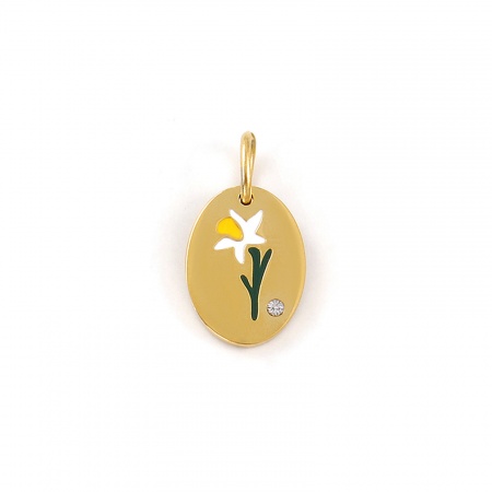 Imagen de 1 Unidad Recubrimiento al Vacío PVD Ecológico Impermeable Antioxidante Hipoalergénico 304 Acero Inoxidable Marzo Flor del Mes de Nacimiento Colgantes 18K Oro Real Chapado Blanco Esmalte Óvalo Flor de Narciso Claro Circón Artificial 20mm x 11mm