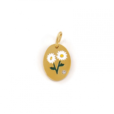 Imagen de 1 Unidad Recubrimiento al Vacío PVD Ecológico Impermeable Antioxidante Hipoalergénico 304 Acero Inoxidable Abril Flor del Mes de Nacimiento Colgantes 18K Oro Real Chapado Blanco Esmalte Óvalo Flor de la margarita Claro Circón Artificial 20mm x 11mm