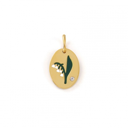 Imagen de 1 Unidad Recubrimiento al Vacío PVD Ecológico Impermeable Antioxidante Hipoalergénico 304 Acero Inoxidable Puede Flor del Mes de Nacimiento Colgantes 18K Oro Real Chapado Verde Esmalte Óvalo Lirio de los Valles Claro Circón Artificial 20mm x 11mm