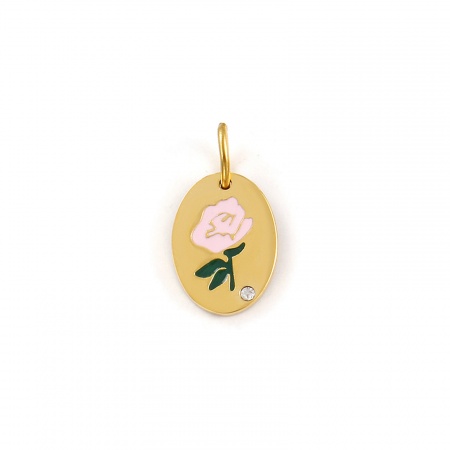 Imagen de 1 Unidad Recubrimiento al Vacío PVD Ecológico Impermeable Antioxidante Hipoalergénico 304 Acero Inoxidable Junio Flor del Mes de Nacimiento Colgantes 18K Oro Real Chapado Rosado Esmalte Óvalo Rosa Claro Circón Artificial 20mm x 11mm