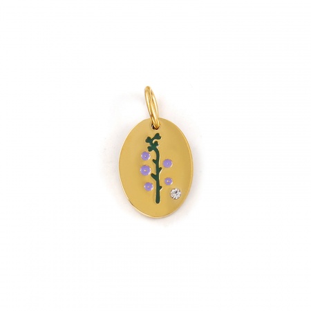 Imagen de 1 Unidad Recubrimiento al Vacío PVD Ecológico Impermeable Antioxidante Hipoalergénico 304 Acero Inoxidable Julio Flor del Mes de Nacimiento Colgantes 18K Oro Real Chapado Púrpura Esmalte Óvalo Espuela de Caballero Claro Circón Artificial 20mm x 11mm