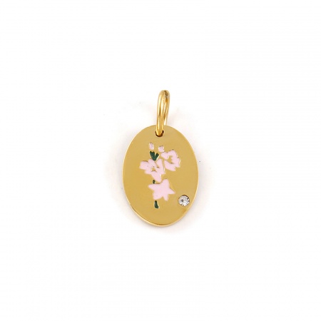 Imagen de 1 Unidad Recubrimiento al Vacío PVD Ecológico Impermeable Antioxidante Hipoalergénico 304 Acero Inoxidable Agosto Flor del Mes de Nacimiento Colgantes 18K Oro Real Chapado Rosado Esmalte Óvalo Flor de Gladiolo Claro Circón Artificial 20mm x 11mm