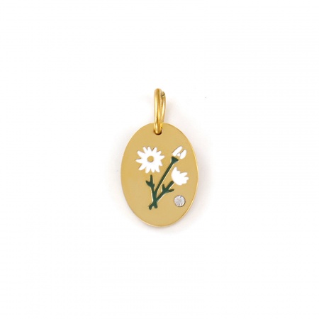 Imagen de 1 Unidad Recubrimiento al Vacío PVD Ecológico Impermeable Antioxidante Hipoalergénico 304 Acero Inoxidable Septiembre Flor del Mes de Nacimiento Colgantes 18K Oro Real Chapado Blanco Esmalte Óvalo Flor de Aster Claro Circón Artificial 20mm x 11mm