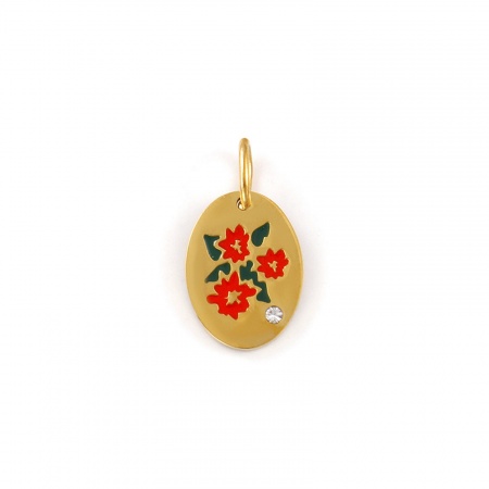 Imagen de 1 Unidad Recubrimiento al Vacío PVD Ecológico Impermeable Antioxidante Hipoalergénico 304 Acero Inoxidable Diciembre Flor del Mes de Nacimiento Colgantes 18K Oro Real Chapado Naranja-rojo Esmalte Óvalo Flor de Pascua Claro Circón Artificial 20mm x 11mm