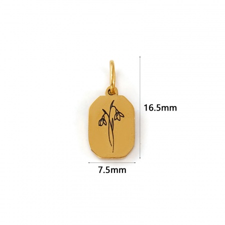 Imagen de 1 Unidad Recubrimiento al Vacío PVD Ecológico Impermeable Antioxidante Hipoalergénico 304 Acero Inoxidable Enero Flor del Mes de Nacimiento Colgantes 18K Oro Real Chapado Octágono Campanilla de Febrero 16mm x 7.5mm