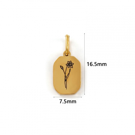 Imagen de 1 Unidad Recubrimiento al Vacío PVD Ecológico Impermeable Antioxidante Hipoalergénico 304 Acero Inoxidable Marzo Flor del Mes de Nacimiento Colgantes 18K Oro Real Chapado Octágono Flor de Narciso 16mm x 7.5mm