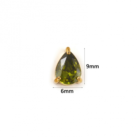 Bild von 1 Stück Umweltfreundliche PVD-Vakuumbeschichtung 304 Edelstahl August Monatsstein Charms 18K Echtgold plattiert Tropfen Mini Olivgrün Zirkonia 9mm x 6mm