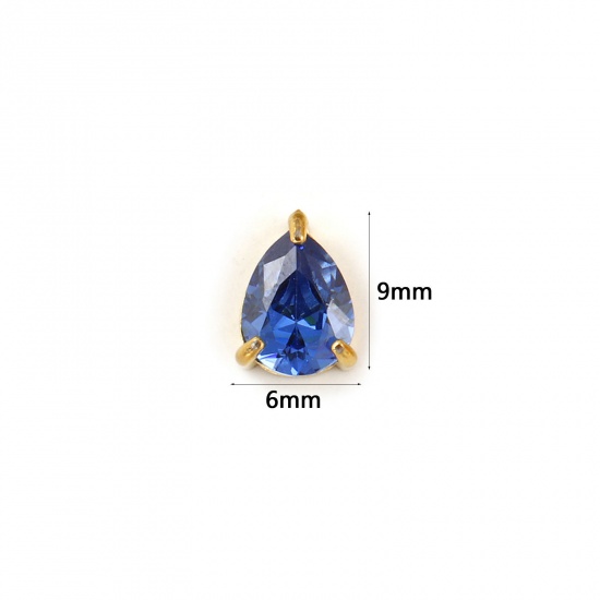 Bild von 1 Stück Umweltfreundliche PVD-Vakuumbeschichtung 304 Edelstahl September Monatsstein Charms 18K Echtgold plattiert Tropfen Mini Knallblau Zirkonia 9mm x 6mm