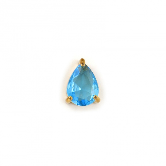 Bild von 1 Stück Umweltfreundliche PVD-Vakuumbeschichtung 304 Edelstahl Dezember Monatsstein Charms 18K Echtgold plattiert Tropfen Mini Azurblau Zirkonia 9mm x 6mm