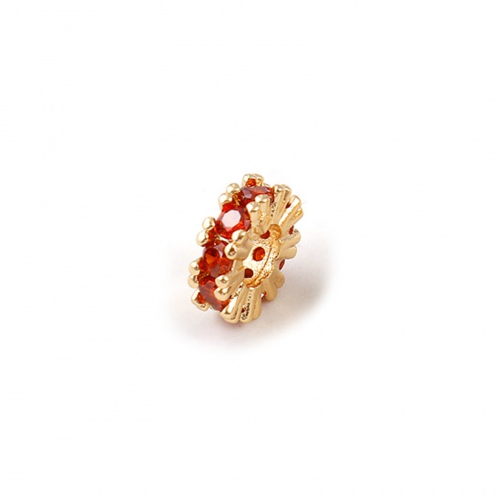 2 PCs Eco-friendly Brass Birthstone Spacer Beads For DIY Bracelet Jewelry Making Findings Drilled 18K Real Gold Plated January Round Disc Orange-red Cubic Zirconia 8mm Dia., Hole: Approx 3.5mm の画像