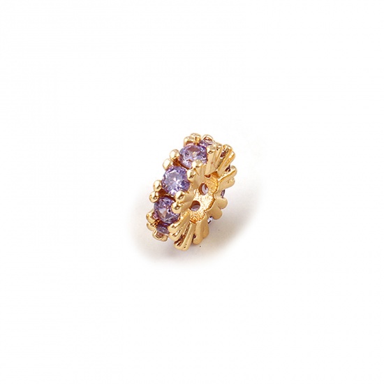 2 PCs Eco-friendly Brass Birthstone Spacer Beads For DIY Bracelet Jewelry Making Findings Drilled 18K Real Gold Plated February Round Disc Purple Cubic Zirconia 8mm Dia., Hole: Approx 3.5mm の画像