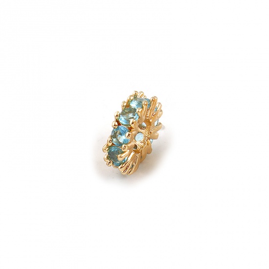 2 PCs Eco-friendly Brass Birthstone Spacer Beads For DIY Bracelet Jewelry Making Findings Drilled 18K Real Gold Plated March Round Disc Aqua Blue Cubic Zirconia 8mm Dia., Hole: Approx 3.5mm の画像