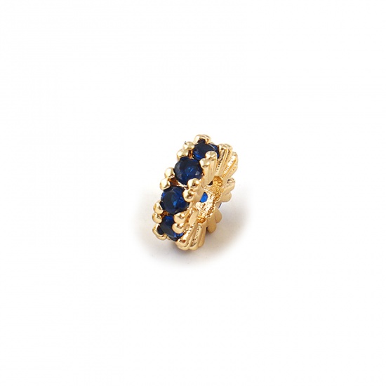 2 PCs Eco-friendly Brass Birthstone Spacer Beads For DIY Bracelet Jewelry Making Findings Drilled 18K Real Gold Plated September Round Disc Deep Blue Cubic Zirconia 8mm Dia., Hole: Approx 3.5mm の画像