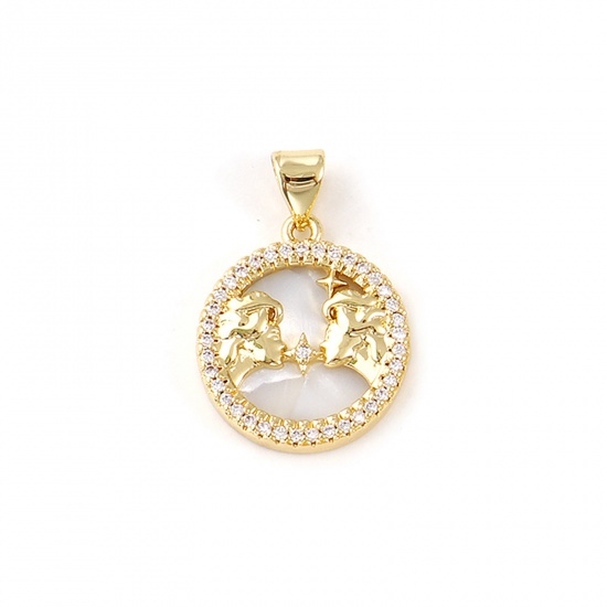 Imagen de 1 Piece Natural Shell & Brass Charm Pendant 18K Gold Plated White Round Gemini Sign Of Zodiac Constellations Micro Pave Clear Cubic Zirconia 24mm x 17mm