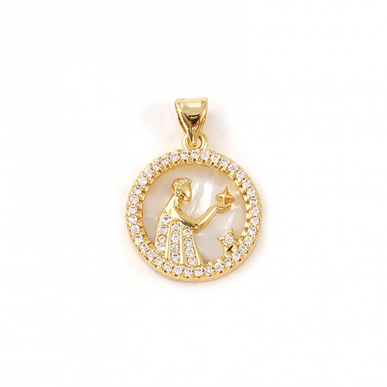 Imagen de 1 Piece Natural Shell & Brass Charm Pendant 18K Gold Plated White Round Virgo Sign Of Zodiac Constellations Micro Pave Clear Cubic Zirconia 24mm x 17mm
