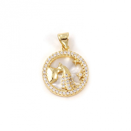 Imagen de 1 Piece Natural Shell & Brass Charm Pendant 18K Gold Plated White Round Aquarius Sign Of Zodiac Constellations Micro Pave Clear Cubic Zirconia 24mm x 17mm