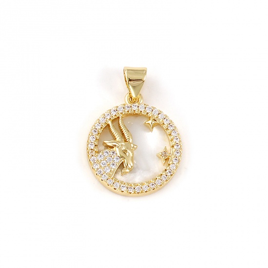 Imagen de 1 Piece Natural Shell & Brass Charm Pendant 18K Gold Plated White Round Capricornus Sign Of Zodiac Constellations Micro Pave Clear Cubic Zirconia 24mm x 17mm