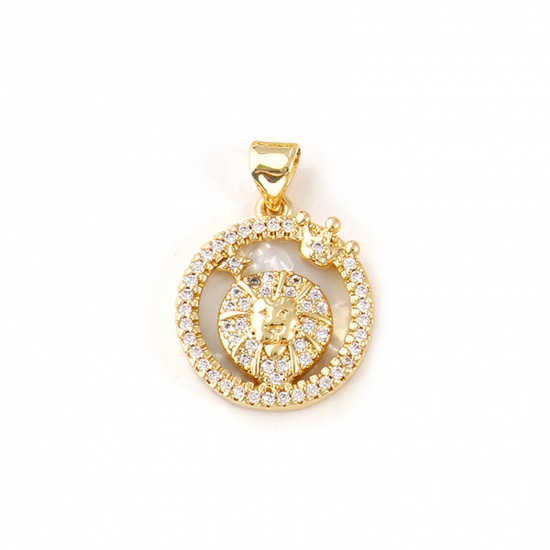 Imagen de 1 Piece Natural Shell & Brass Charm Pendant 18K Gold Plated White Round Leo Sign Of Zodiac Constellations Micro Pave Clear Cubic Zirconia 24mm x 17mm