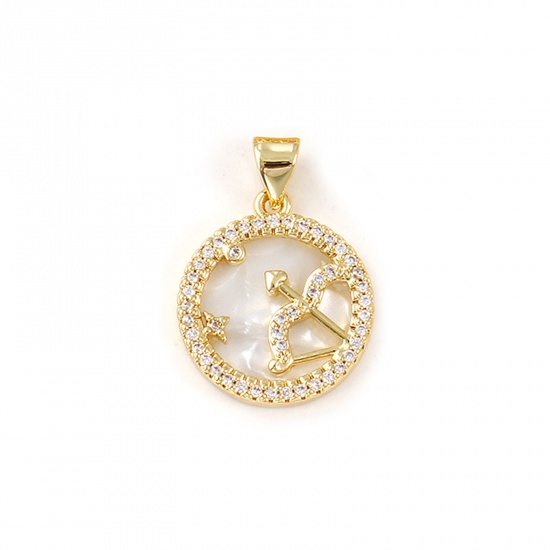 Imagen de 1 Piece Natural Shell & Brass Charm Pendant 18K Gold Plated White Round Sagittarius Sign Of Zodiac Constellations Micro Pave Clear Cubic Zirconia 24mm x 17mm