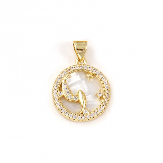 Imagen de 1 Piece Natural Shell & Brass Charm Pendant 18K Gold Plated White Round Pisces Sign Of Zodiac Constellations Micro Pave Clear Cubic Zirconia 24mm x 17mm