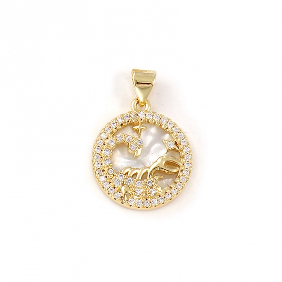 Imagen de 1 Piece Natural Shell & Brass Charm Pendant 18K Gold Plated White Round Scorpio Sign Of Zodiac Constellations Micro Pave Clear Cubic Zirconia 24mm x 17mm