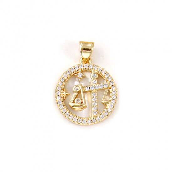 Imagen de 1 Piece Natural Shell & Brass Charm Pendant 18K Gold Plated White Round Libra Sign Of Zodiac Constellations Micro Pave Clear Cubic Zirconia 24mm x 17mm