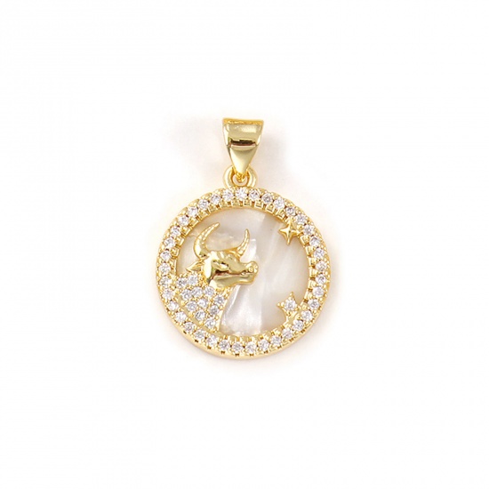 Imagen de 1 Piece Natural Shell & Brass Charm Pendant 18K Gold Plated White Round Taurus Sign Of Zodiac Constellations Micro Pave Clear Cubic Zirconia 24mm x 17mm