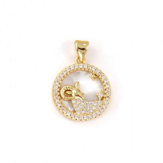 Imagen de 1 Piece Natural Shell & Brass Charm Pendant 18K Gold Plated White Round Aries Sign Of Zodiac Constellations Micro Pave Clear Cubic Zirconia 24mm x 17mm