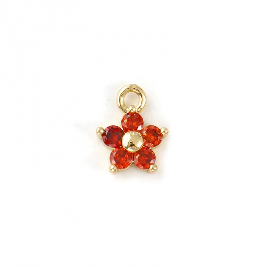 Bild von 2 PCs Brass Birthstone Charms 18K Gold Plated January Flower Mini Orange-red Cubic Zirconia 10mm x 8mm