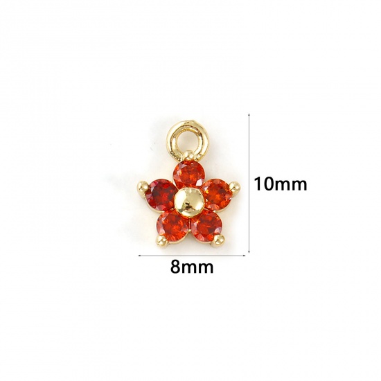 Bild von 2 PCs Brass Birthstone Charms 18K Gold Plated January Flower Mini Orange-red Cubic Zirconia 10mm x 8mm